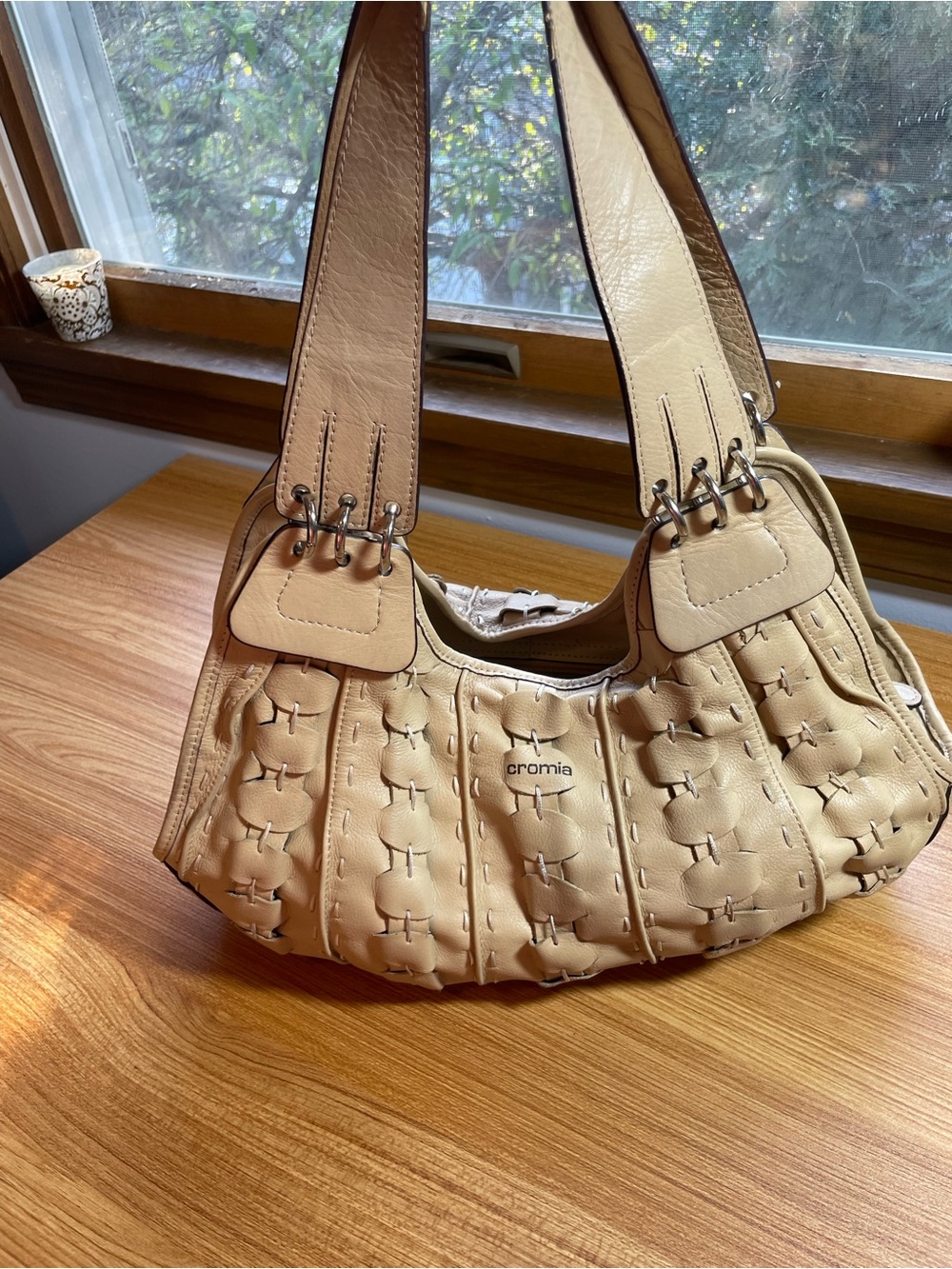 Cromia Cream Leather Hobo Shoulder Bag Woven Details Italy 🇮🇹